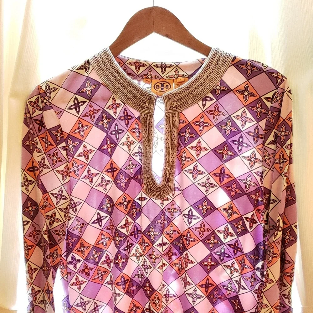 Tory Burch Silk Jersey Knit Tunic Beaded Neckline Preppy Morrocan Resort Cruise